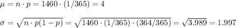 \mu=n\cdot p=1460\cdot (1/365)=4\\\\\sigma=\sqrt{n\cdot p(1-p)}=\sqrt{1460\cdot(1/365)\cdot(364/365)}=\sqrt{3.989}=1.997