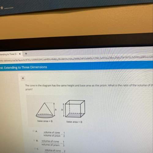 The cone in the diagram has the same height and base area as the prism. what is the ratio of the vol