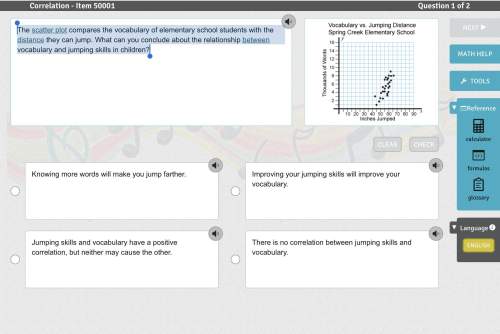 The scatter plot compares the vocabulary of elementary school students with the distance they can ju