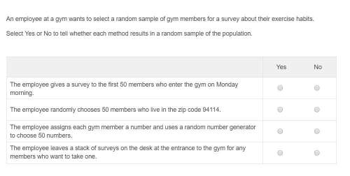 An employee at a gym wants to select a random sample of gym members for a survey about their exercis