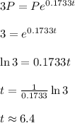 3P=Pe^{0.1733t}\\\\3=e^{0.1733t}\\\\\ln3=0.1733t\\\\t=\frac{1}{0.1733}\ln3\\\\t\approx6.4