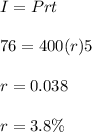 I=Prt\\\\76=400(r)5\\\\r=0.038\\\\r=3.8\%