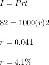 I=Prt\\\\82=1000(r)2\\\\r=0.041\\\\r=4.1\%