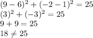 (9-6)^2 + (-2-1)^2 = 25\\(3)^2 + (-3)^2 = 25\\9 + 9 = 25\\18 \neq 25