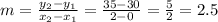 m=\frac{y_2-y_1}{x_2-x_1}=\frac{35-30}{2-0}=\frac{5}{2}=2.5