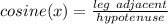 cosine (x) = \frac {leg \ adjacent} {hypotenuse}