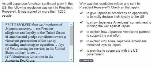 Why was the resolution written and sent to president roosevelt?  check all that apply. to give japan