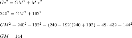 G*^2=GM^2+M*^2\\ \\240^2=GM^2+192^2\\ \\GM^2=240^2-192^2=(240-192)(240+192)=48\cdot 432=144^2\\ \\GM=144