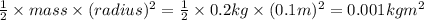 \frac{1}{2}\times mass\times (radius)^2=\frac{1}{2}\times0.2 kg\times (0.1 m)^2=0.001 kg m^2