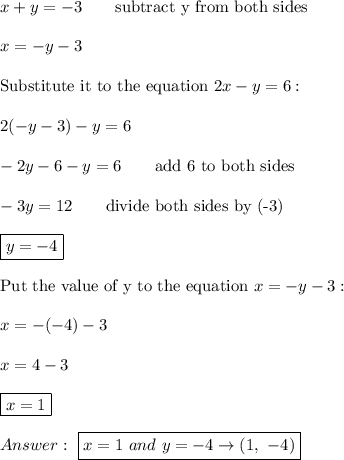 x+y=-3\qquad\text{subtract y from both sides}\\\\x=-y-3\\\\\text{Substitute it to the equation}\ 2x-y=6:\\\\2(-y-3)-y=6\\\\-2y-6-y=6\qquad\text{add 6 to both sides}\\\\-3y=12\qquad\text{divide both sides by (-3)}\\\\\boxed{y=-4}\\\\\text{Put the value of y to the equation}\ x=-y-3:\\\\x=-(-4)-3\\\\x=4-3\\\\\boxed{x=1}\\\\\ \boxed{x=1\ and\ y=-4\to(1,\ -4)}