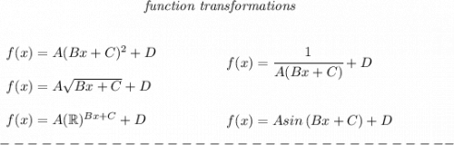 \bf ~\hspace{10em}\textit{function transformations} \\\\\\ \begin{array}{llll} f(x)= A( Bx+ C)^2+ D \\\\ f(x)= A\sqrt{ Bx+ C}+ D \\\\ f(x)= A(\mathbb{R})^{ Bx+ C}+ D \end{array}\qquad \qquad \begin{array}{llll} f(x)=\cfrac{1}{A(Bx+C)}+D \\\\\\ f(x)= A sin\left( B x+ C \right)+ D \end{array} \\\\---------------------------------