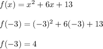 f(x)=x^2+6x+13\\\\f(-3)=(-3)^2+6(-3)+13\\\\f(-3)=4