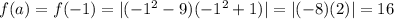 f(a)=f(-1) = |(-1^2-9)(-1^2 + 1)|=|(-8)(2)|=16