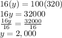 16(y)=100(320)\\16y=32000\\\frac{16y}{16}=\frac{32000}{16}\\  y=2,000