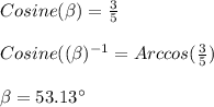 Cosine(\beta)=\frac{3}{5} \\\\Cosine((\beta)^{-1}=Arccos(\frac{3}{5})\\\\\beta =53.13\°