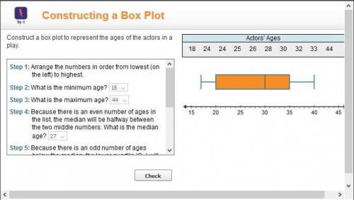 40 points for the answer. construct a box plot to represent the ages of the actors in a play. step 1