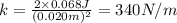 k = \frac{2\times 0.068 J}{(0.020 m)^2} = 340 N/m