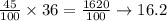 \frac{45}{100} \times 36 = \frac{1620}{100} \rightarrow 16.2