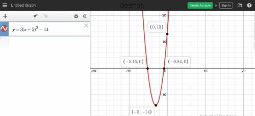 Find the x-intercepts of the parabola with vertex (-3,-14) and y-intercept (0,13). write your answer