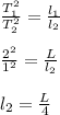 \frac{T_1^2}{T_2^2}=\frac{l_1}{l_2}\\\\\frac{2^2}{1^2}=\frac{L}{l_2}\\\\l_2=\frac{L}{4} \\
