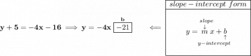 \bf y+5=-4x-16\implies y=-4x\stackrel{b}{\boxed{-21}}\qquad \impliedby \begin{array}{|c|ll} \cline{1-1} slope-intercept~form\\ \cline{1-1} \\ y=\underset{y-intercept}{\stackrel{slope\qquad }{\stackrel{\downarrow }{m}x+\underset{\uparrow }{b}}} \\\\ \cline{1-1} \end{array}