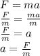 F=ma\\\frac{F}{m}=\frac{ma}{m}\\\frac{F}{m}=a\\a=\frac{F}{m}