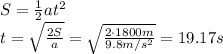 S=\frac{1}{2}at^2\\t=\sqrt{\frac{2S}{a}}=\sqrt{\frac{2\cdot 1800 m}{9.8 m/s^2}}=19.17 s