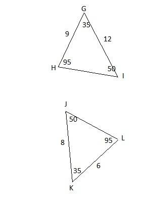 Are the two triangles below similar?  (5 points) triangles ghi and jkl are shown. angle h measures 9