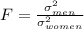 F=\frac{\sigma^{2}_{men}}{\sigma^{2}_{women}}