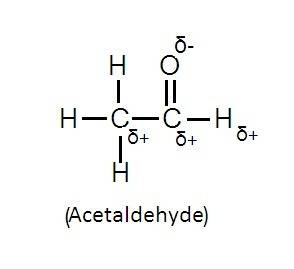 In the drawing of acetaldehyde, ch3cho, the largest partial negative charge (δ-) occurs on