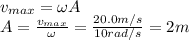 v_{max}=\omega A\\A=\frac{v_{max}}{\omega}=\frac{20.0 m/s}{10 rad/s}=2 m
