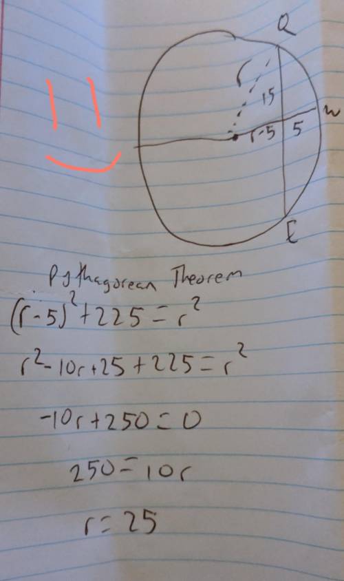 Tw is a perpendicular bisector of chord qe. identify the diameter. the answer with the red arrow is