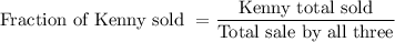 \text{Fraction of Kenny sold }=\dfrac{\text{Kenny total sold}}{\text{Total sale by all three}}