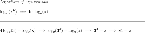 \bf \textit{Logarithm of exponentials} \\\\ \log_a\left( x^b \right)\implies b\cdot \log_a(x) \\\\[-0.35em] \rule{34em}{0.25pt}\\\\ 4\log_9(3)=\log_9(x)\implies \log_9(3^4)=\log_9(x)\implies 3^4=x\implies 81=x