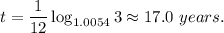 t=\dfrac{1}{12}\log_{1.0054}3\approx 17.0\ years.