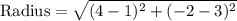 \text{Radius}=\sqrt{(4-1)^{2}+(-2-3)^{2}}