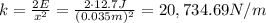 k=\frac{2E}{x^2}=\frac{2\cdot 12.7 J}{(0.035 m)^2}=20,734.69 N/m