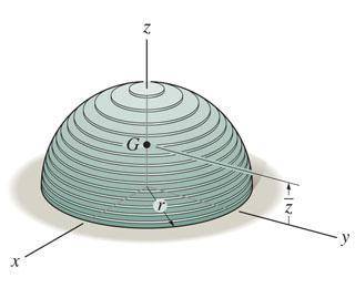 The hemisphere of radius r is made from a stack of very thin plates such that the density varies wit