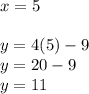 x=5\\\\y=4(5)-9\\y=20-9\\y=11