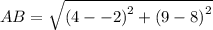 AB=\sqrt{\left(4--2\right)^2+\left(9-8\right)^2}