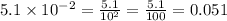 5.1\times10^{-2}=\frac{5.1}{10^2}=\frac{5.1}{100}=0.051