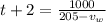 t + 2 = \frac{1000}{205 - v_w}