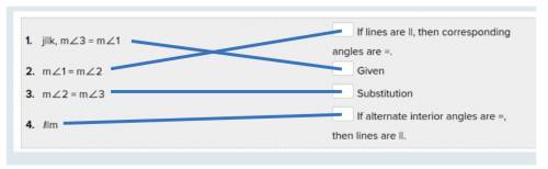 Match the reasons with the statements in the proof. given:   j | | k m 1 = m 3 prove:  l | | m