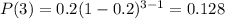 P(3)=0.2(1-0.2)^{3-1}=0.128