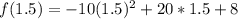 f(1.5)=-10(1.5)^2 +20*1.5 +8