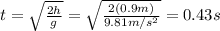 t=\sqrt{\frac{2h}{g}}=\sqrt{\frac{2(0.9 m)}{9.81 m/s^2}}=0.43 s