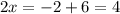 2x=-2+6=4