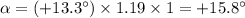 \alpha = (+13.3 ^{\circ}) \times 1.19 \times 1 = +15.8^{\circ}