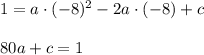 1=a\cdot (-8)^2-2a\cdot (-8)+c\\ \\80a+c=1