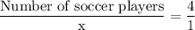 \dfrac{\text{Number of soccer players}}{\text{x}}=\dfrac{4}{1}